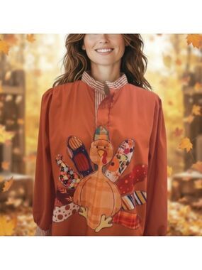 Cherry BETTY Thanksgiving Orange Fall Autumn Turkey Top Blouse L